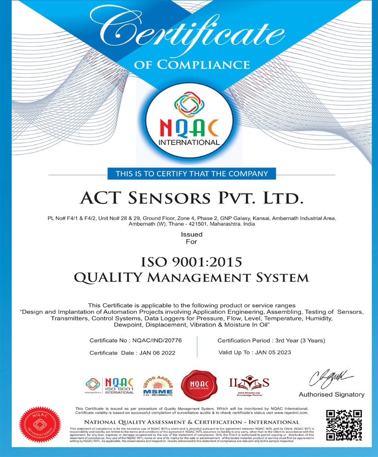 ACT Sensors ISO 9001:2015 Quality Management Certificate